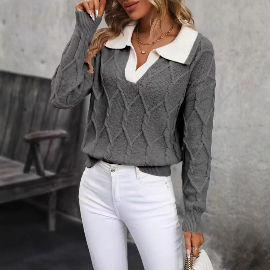 Kvinnors stickad pullover med klassisk polo-krage och diamantstruktur Mirla-Eva Jonsson