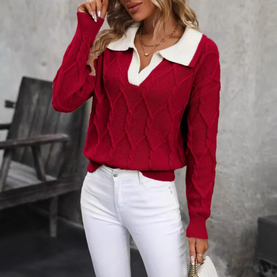 Kvinnors stickad pullover med klassisk polo-krage och diamantstruktur Mirla-Eva Jonsson