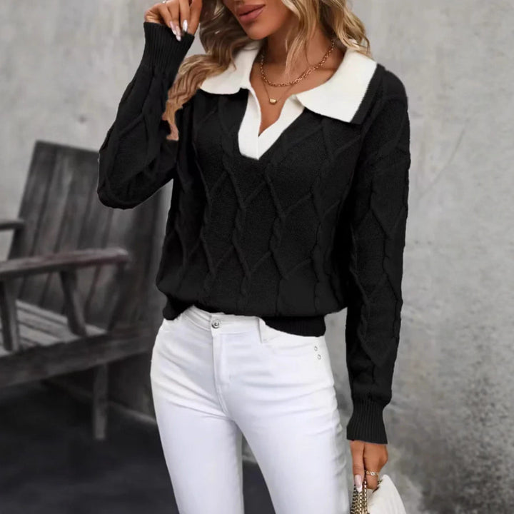 Kvinnors stickad pullover med klassisk polo-krage och diamantstruktur Mirla-Eva Jonsson
