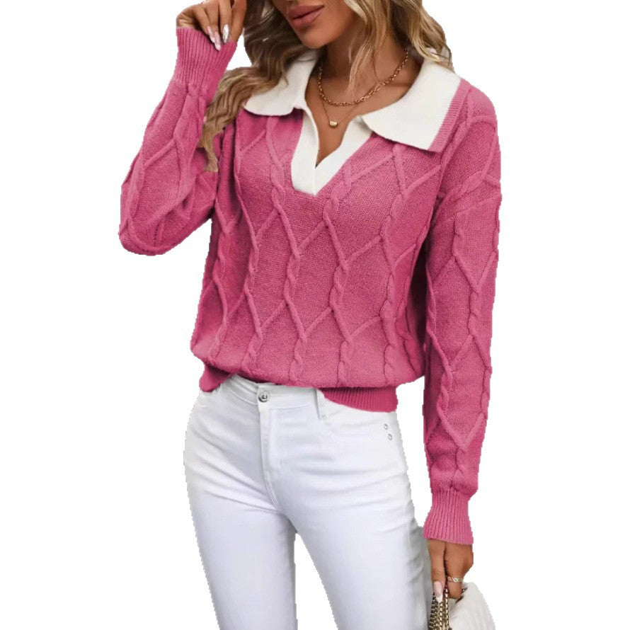 Kvinnors stickad pullover med klassisk polo-krage och diamantstruktur Mirla-Eva Jonsson