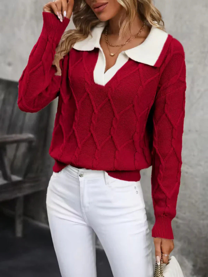 Kvinnors stickad pullover med klassisk polo-krage och diamantstruktur Mirla-Eva Jonsson