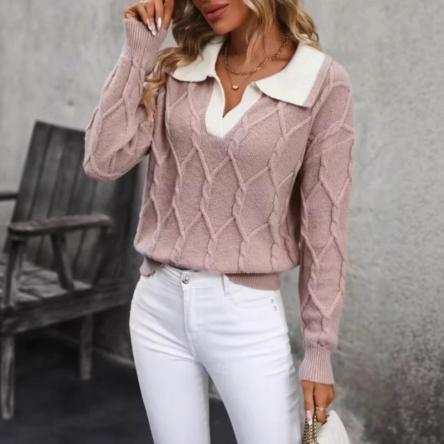 Kvinnors stickad pullover med klassisk polo-krage och diamantstruktur Mirla-Eva Jonsson