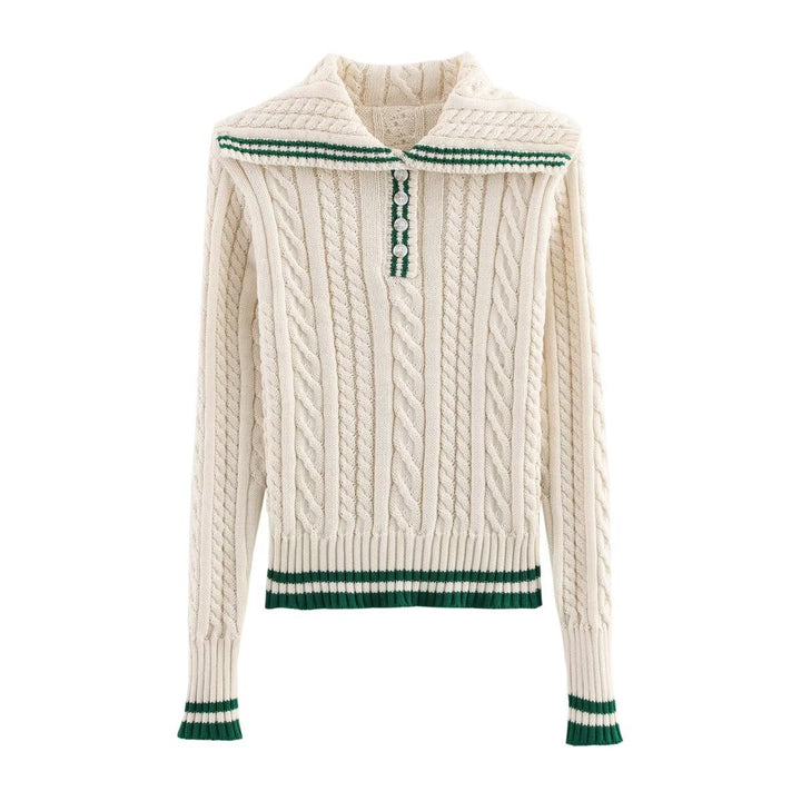 Kvinnors stickad pullover med klassisk ståkrage och tidlös flätmönster Mirla-Eva Jonsson