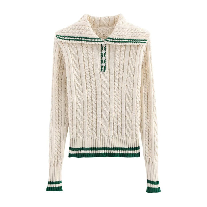 Kvinnors stickad pullover med klassisk ståkrage och tidlös flätmönster Mirla-Eva Jonsson