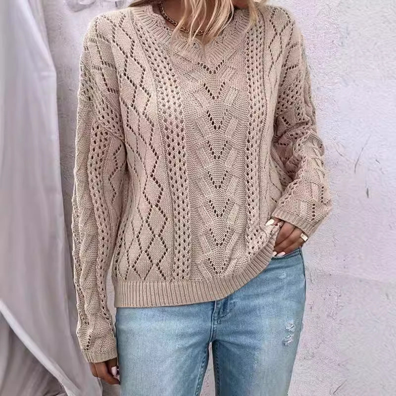 Kvinnors stickad pullover med raffinerade meshstrukturer och V-hals Mirla-Eva Jonsson
