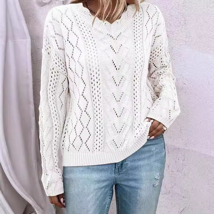 Kvinnors stickad pullover med raffinerade meshstrukturer och V-hals Mirla-Eva Jonsson