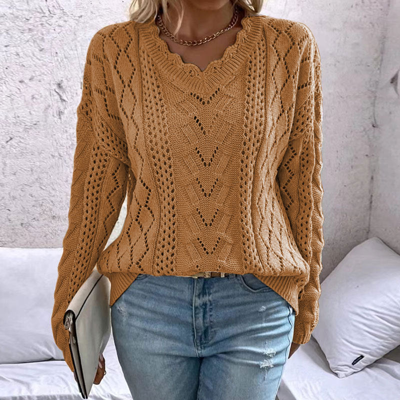 Kvinnors stickad pullover med raffinerade meshstrukturer och V-hals Mirla-Eva Jonsson