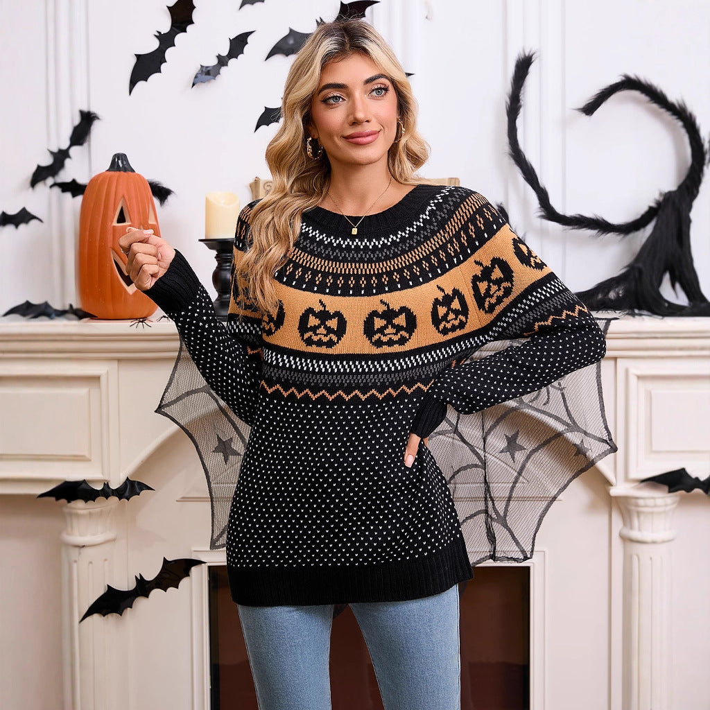 Kvinnors stickad tröja med Halloween-motiv och finstickad struktur Mirla-Eva Jonsson