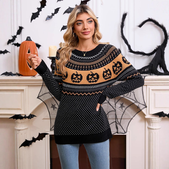 Kvinnors stickad tröja med Halloween-motiv och finstickad struktur Mirla-Eva Jonsson