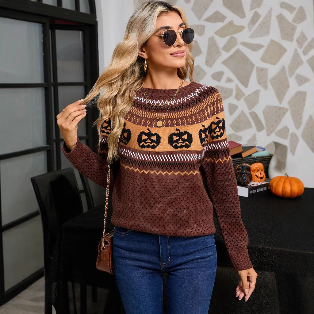 Kvinnors stickad tröja med Halloween-motiv och finstickad struktur Mirla-Eva Jonsson