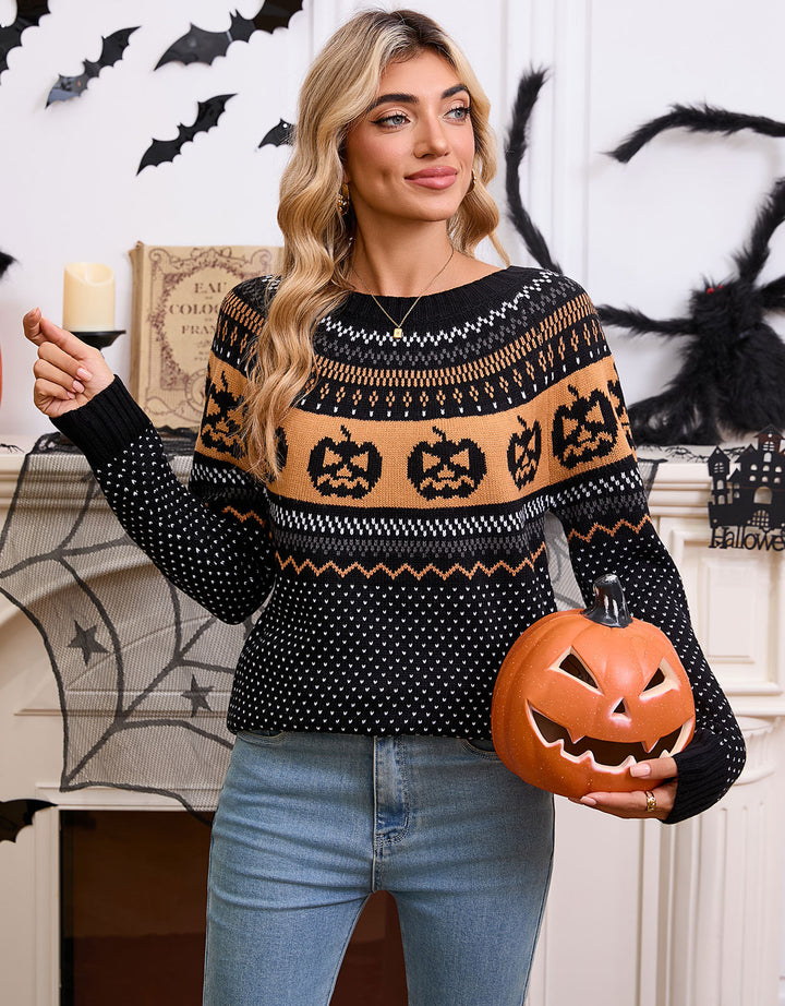 Kvinnors stickad tröja med Halloween-motiv och finstickad struktur Mirla-Eva Jonsson