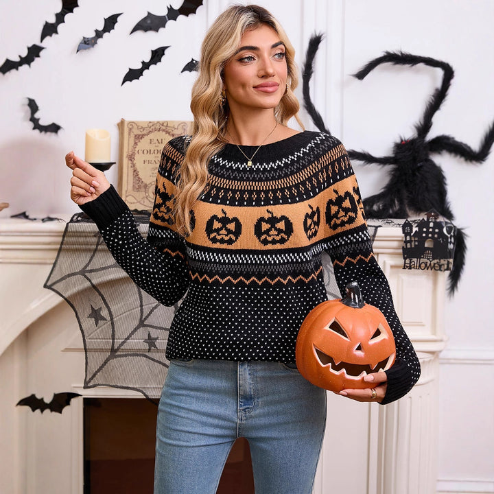 Kvinnors stickad tröja med Halloween-motiv och finstickad struktur Mirla-Eva Jonsson