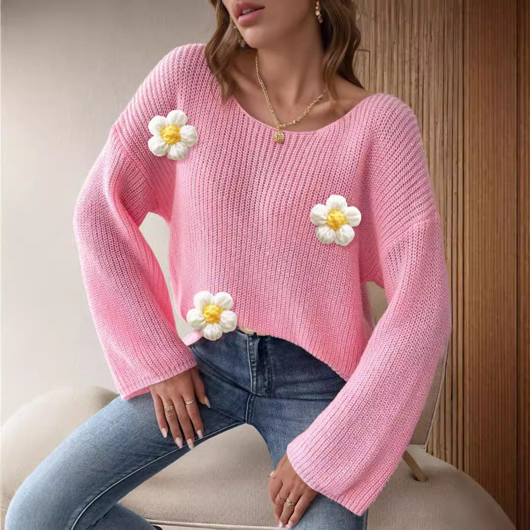 Kvinnors stickad tröja med blommigt 3D-mönster och vida ärmar Mirla-Eva Jonsson