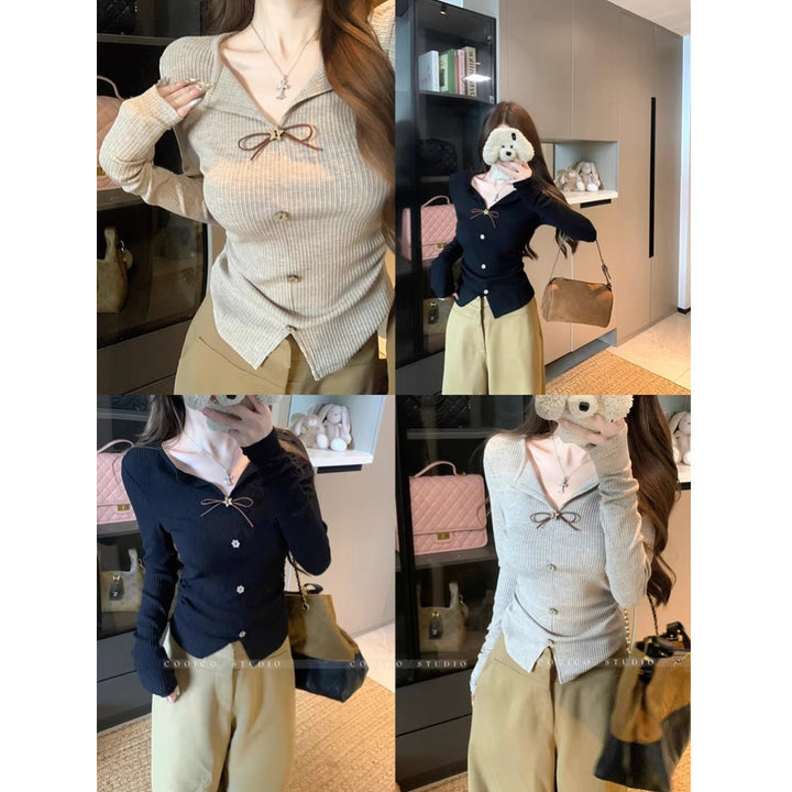 Kvinnors stickade blus med elegant rosett Mirla-Eva Jonsson