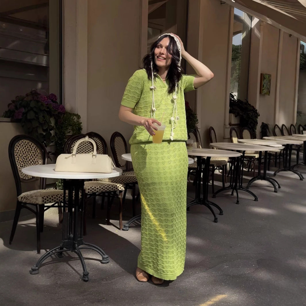 Kvinnors stickade klänning i virkad design med polokrage Mirla-Eva Jonsson