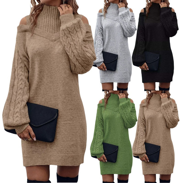 Kvinnors stickade klänning med asymmetrisk off-shoulder design och voluminösa ärmar Mirla-Eva Jonsson