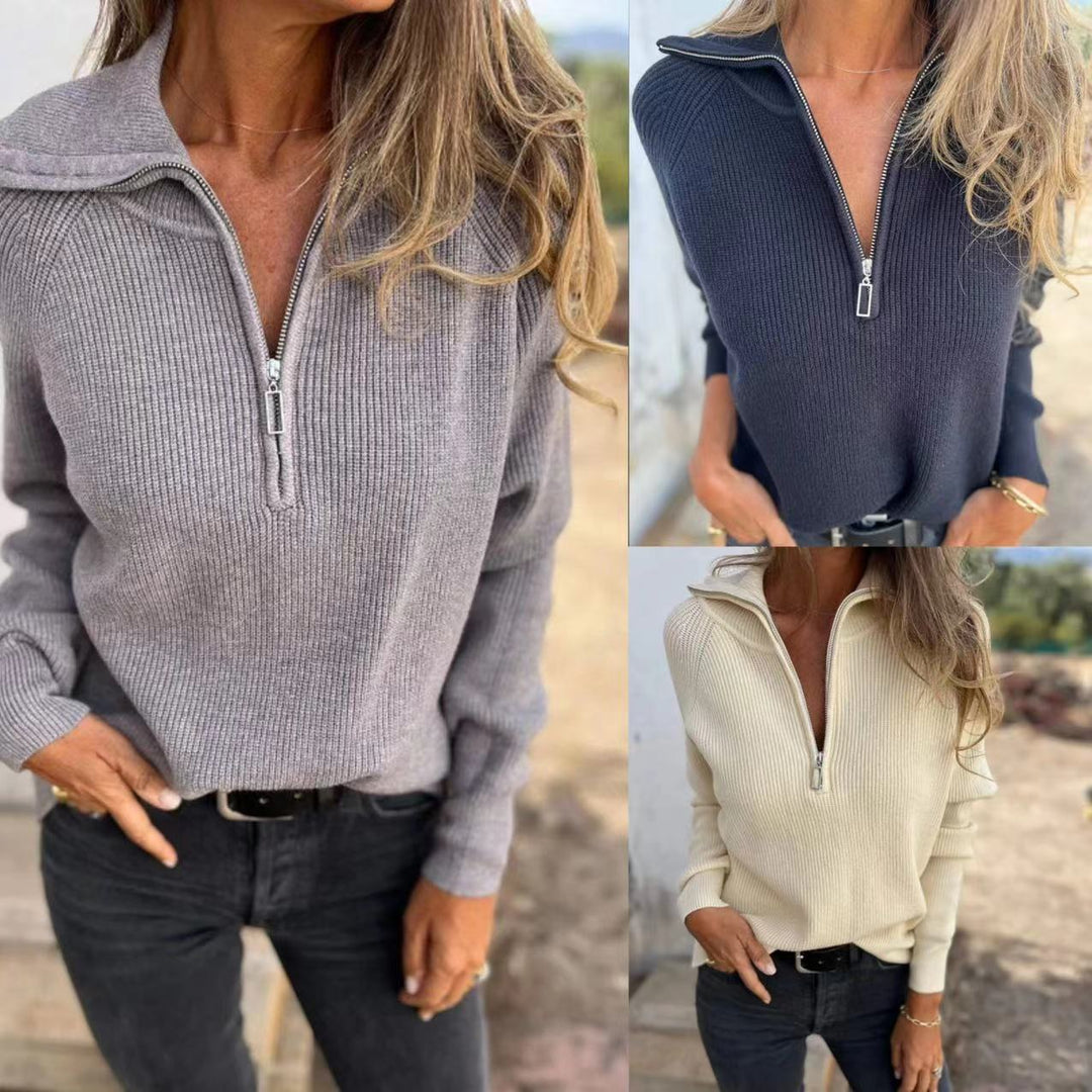 Kvinnors stilig stickad tröja med halv dragkedja och ribbad textur Mirla-Eva Jonsson