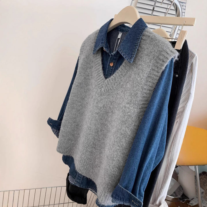 Kvinnors stiliga V-hals stickad tröja med avslappnad denim lagerføring-Eva Jonsson