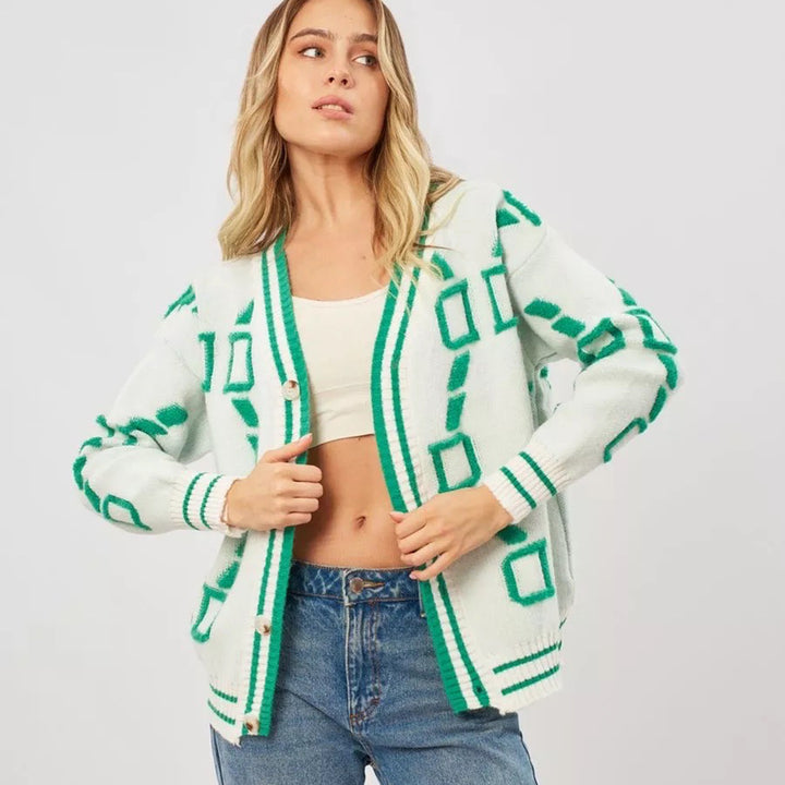 Kvinnors stiliga cardigan med geometriskt mönster och knapplist Mirla-Eva Jonsson