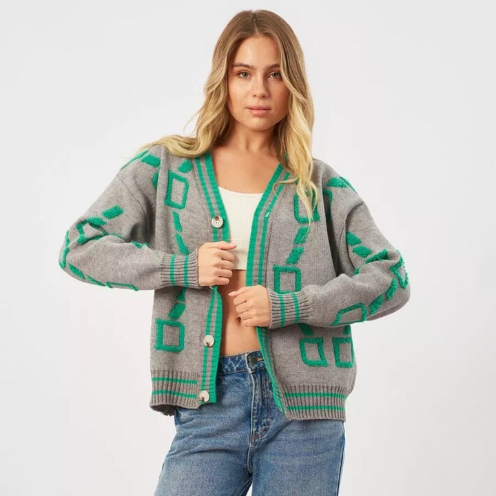 Kvinnors stiliga cardigan med geometriskt mönster och knapplist Mirla-Eva Jonsson