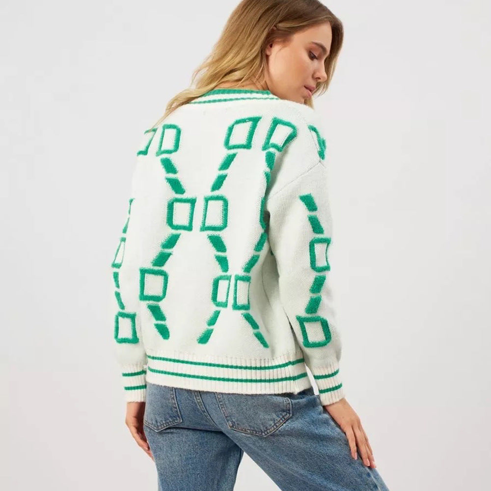 Kvinnors stiliga cardigan med geometriskt mönster och knapplist Mirla-Eva Jonsson