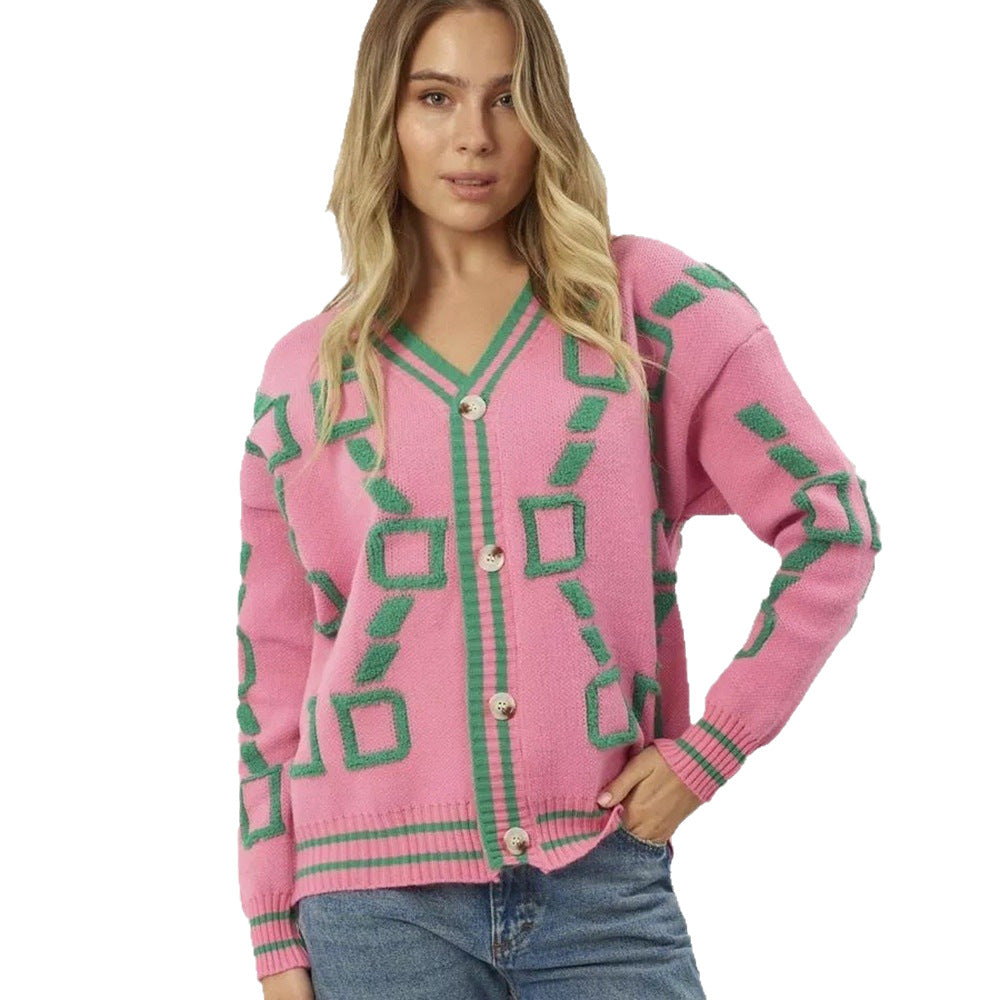Kvinnors stiliga cardigan med geometriskt mönster och knapplist Mirla-Eva Jonsson
