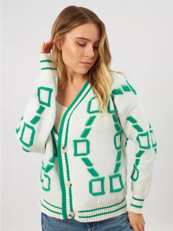 Kvinnors stiliga cardigan med geometriskt mönster och knapplist Mirla-Eva Jonsson