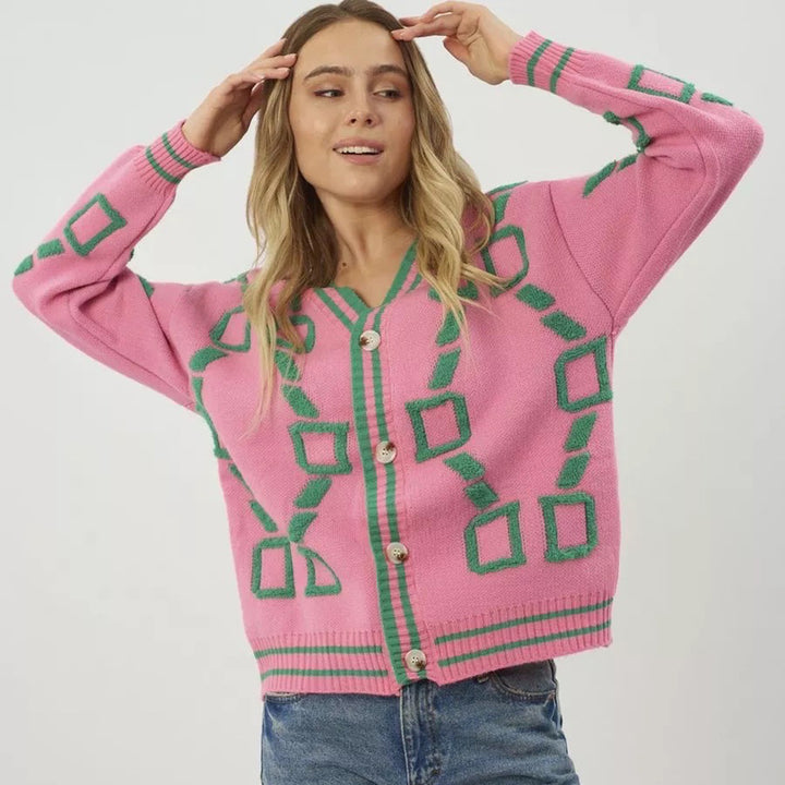 Kvinnors stiliga cardigan med geometriskt mönster och knapplist Mirla-Eva Jonsson