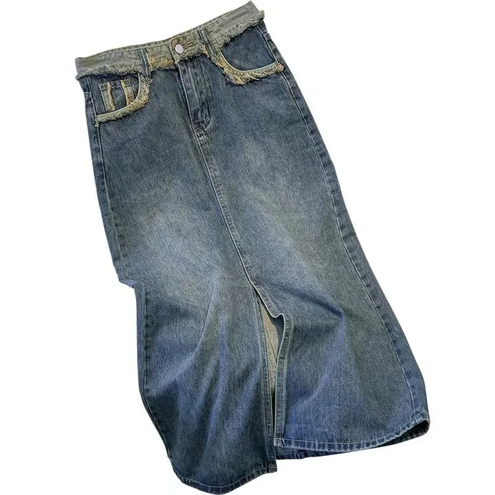Kvinnors stiliga denim-midi kjol med framfickslits Mirla-Eva Jonsson