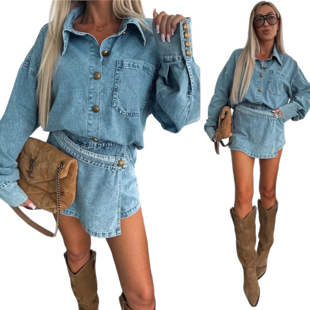 Kvinnors stiliga denimskjorta med knapplösningar och uppvikta ärmar Mirla-Eva Jonsson