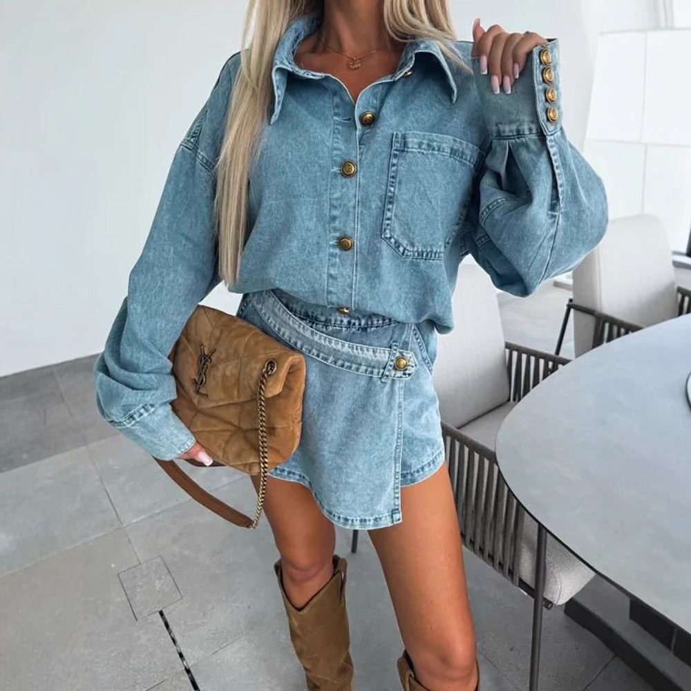 Kvinnors stiliga denimskjorta med knapplösningar och uppvikta ärmar Mirla-Eva Jonsson