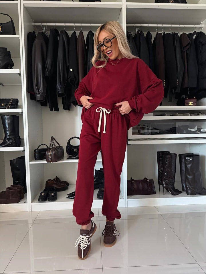 Kvinnors stiliga fleeceloungewear-set med lös passform och elastisk midja Mirla-Eva Jonsson