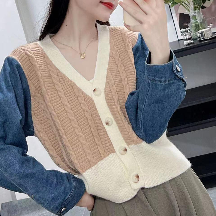 Kvinnors stiliga stickad cardigan med denimärmar Mirla-Eva Jonsson