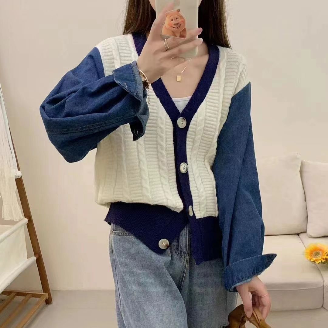 Kvinnors stiliga stickad cardigan med denimärmar Mirla-Eva Jonsson
