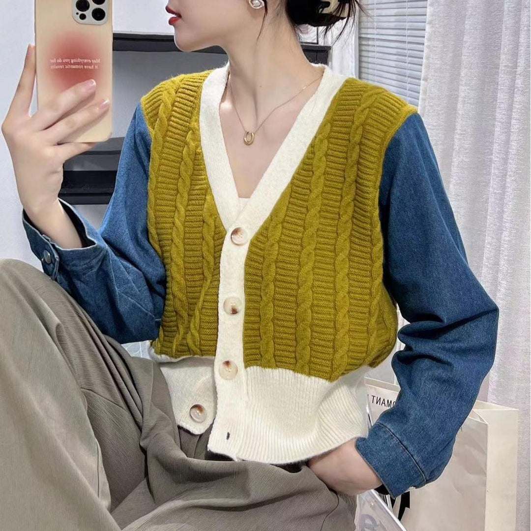 Kvinnors stiliga stickad cardigan med denimärmar Mirla-Eva Jonsson