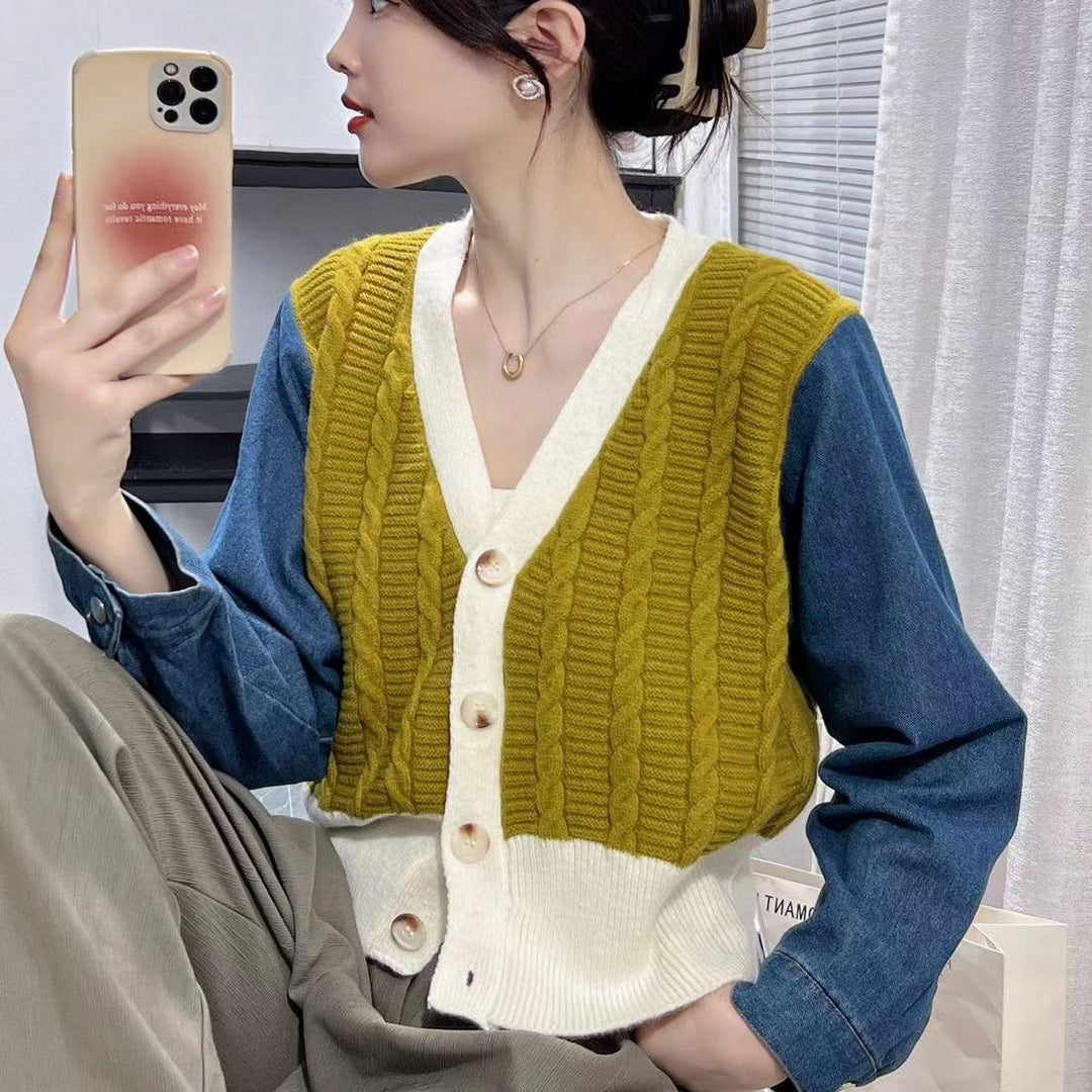 Kvinnors stiliga stickad cardigan med denimärmar Mirla-Eva Jonsson