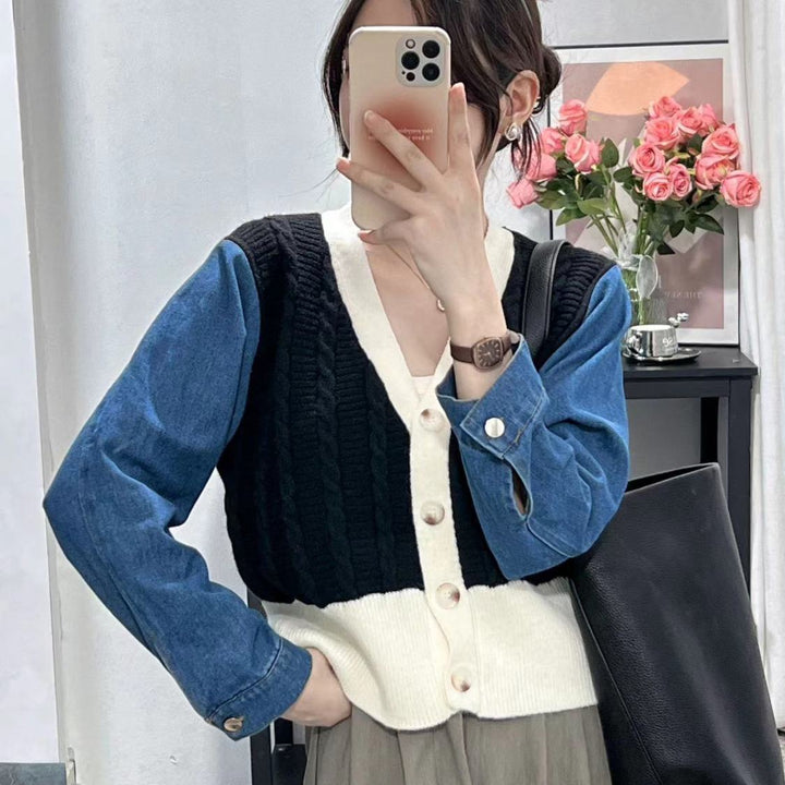 Kvinnors stiliga stickad cardigan med denimärmar Mirla-Eva Jonsson