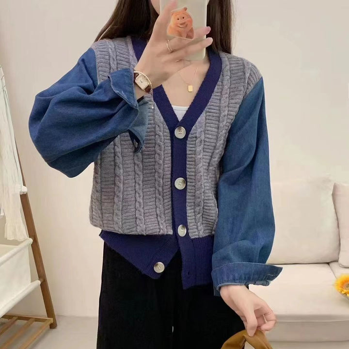 Kvinnors stiliga stickad cardigan med denimärmar Mirla-Eva Jonsson