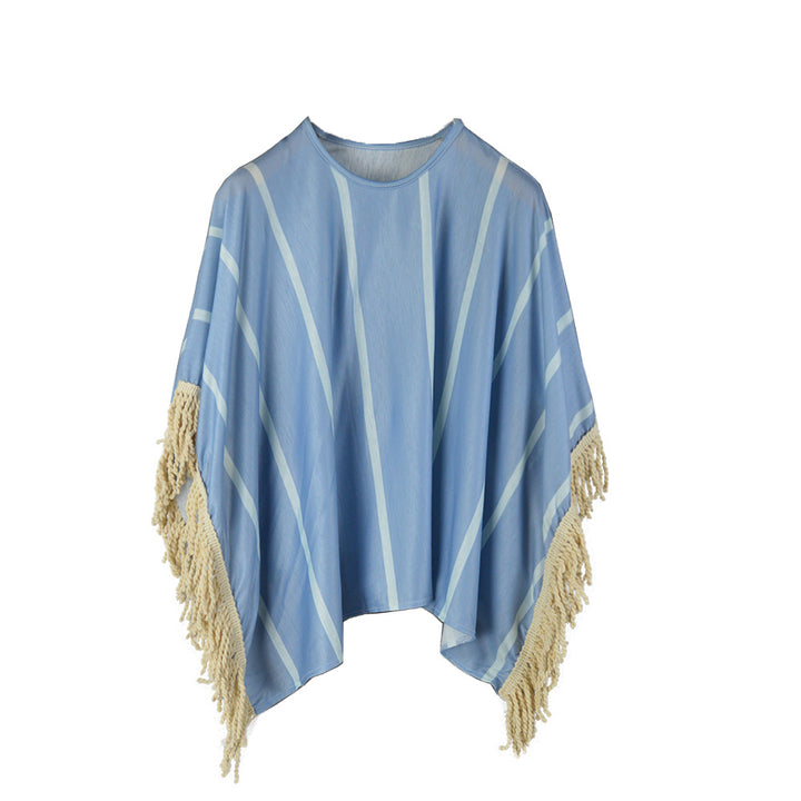 Kvinnors strand poncho med fransad nederkant och randig design-Eva Jonsson