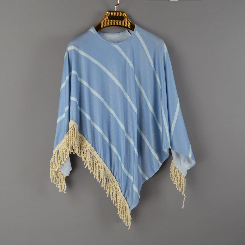 Kvinnors strand poncho med fransad nederkant och randig design-Eva Jonsson