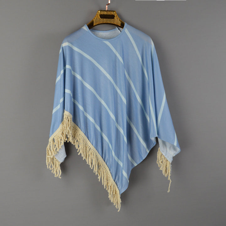 Kvinnors strand poncho med fransad nederkant och randig design-Eva Jonsson