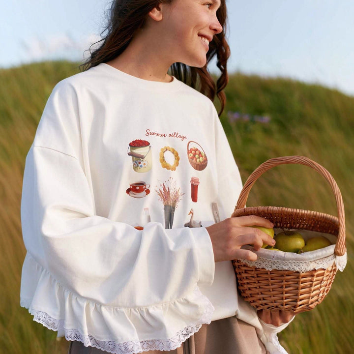 Kvinnors sweatshirt med dekorativt spetskant och färggrafisk tryck Mirla-Eva Jonsson