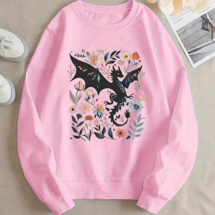 Kvinnors sweatshirt med detaljerad drake- och blommotiv Mirla-Eva Jonsson