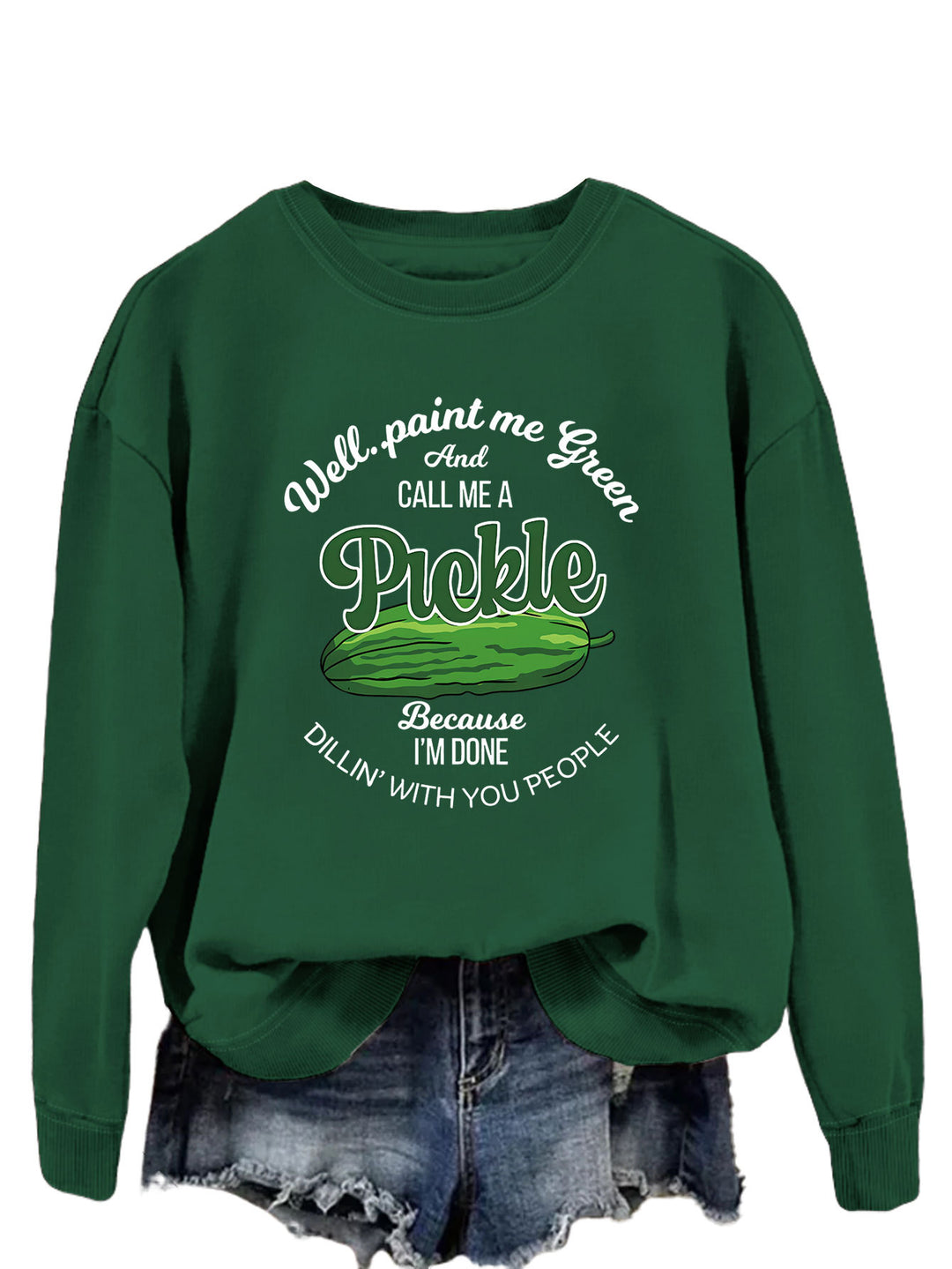 Kvinnors sweatshirt med ett roligt gurkmotiv och kreativt tryck Mirla-Eva Jonsson