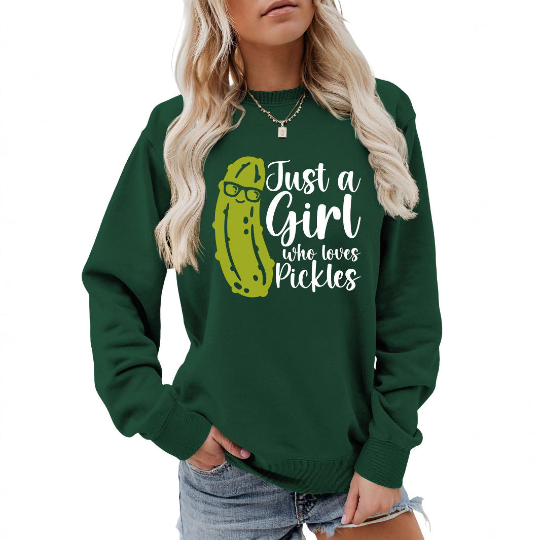 Kvinnors sweatshirt med humoristisk gurkmotiv och avslappnad passform Mirla-Eva Jonsson