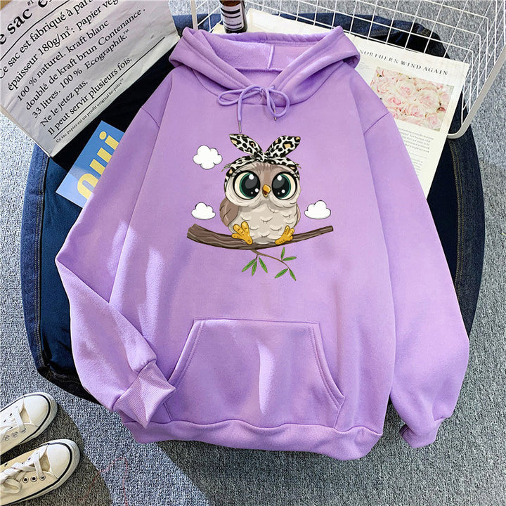 Kvinnors sweatshirt med huva med söt ugglemotiv Mirla-Eva Jonsson