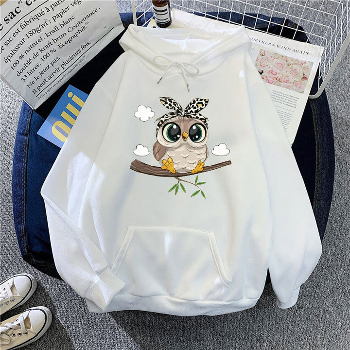 Kvinnors sweatshirt med huva med söt ugglemotiv Mirla-Eva Jonsson