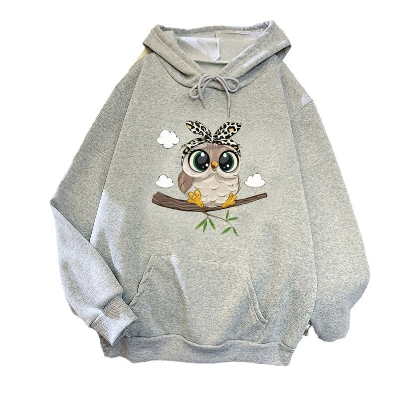 Kvinnors sweatshirt med huva med söt ugglemotiv Mirla-Eva Jonsson