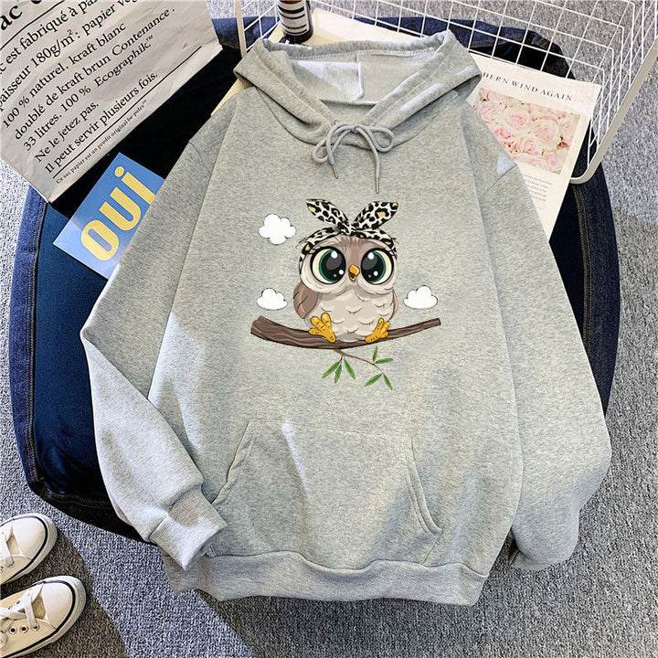 Kvinnors sweatshirt med huva med söt ugglemotiv Mirla-Eva Jonsson