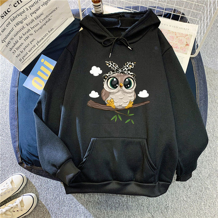 Kvinnors sweatshirt med huva med söt ugglemotiv Mirla-Eva Jonsson